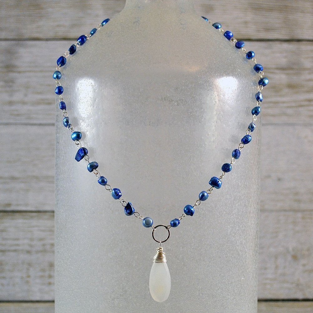 Blue Freshwater Pearl Handmade Necklace with Wire Wrapped Milk Glass Pen…